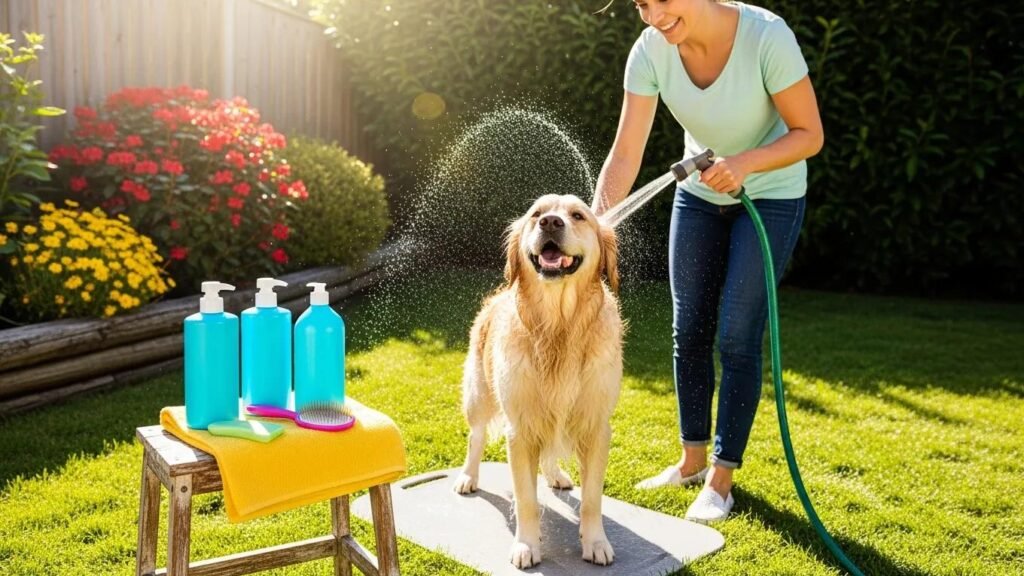 Happy dog being bathed in a sunny backyard, emphasizing pet grooming and care