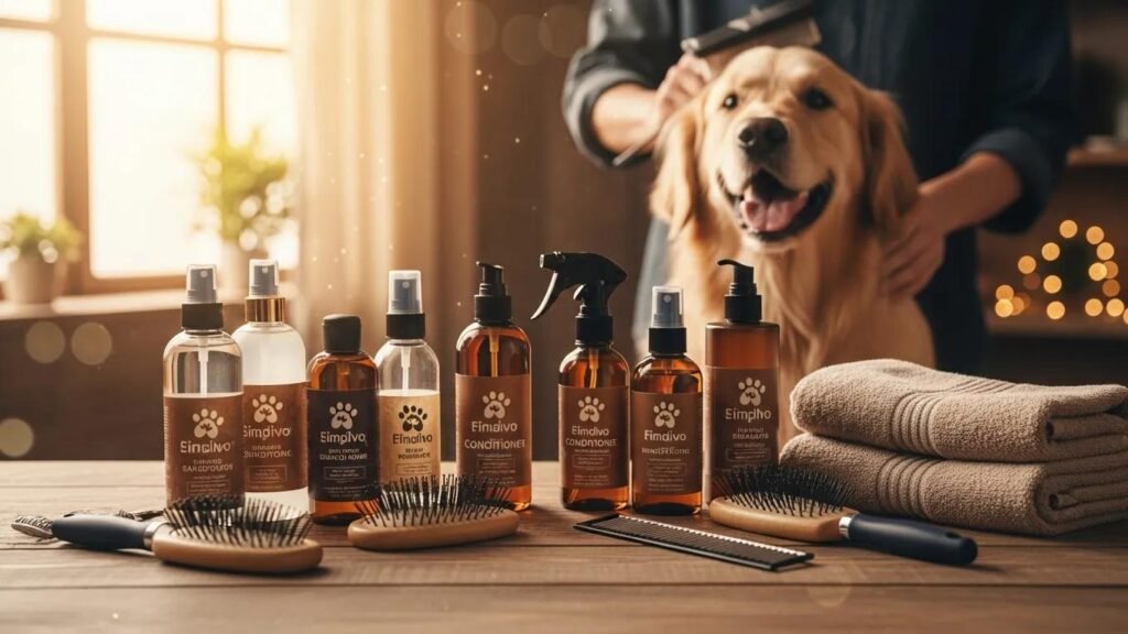 A variety of pet grooming products displayed on a table with a happy dog in the background, highlighting the importance of pet care