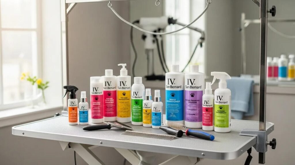 Diverse Iv San Bernard pet grooming products displayed on a grooming table in a bright salon