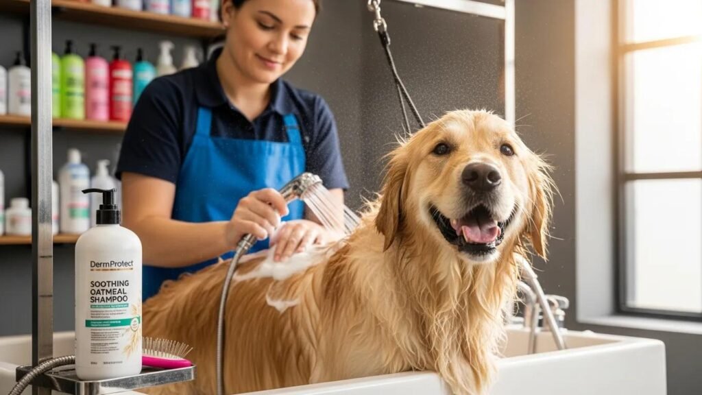 Happy dog receiving therapeutic grooming for skin health