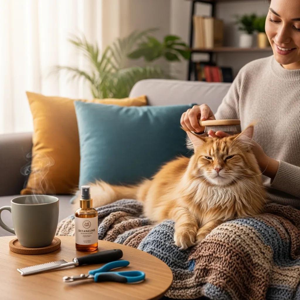 Person brushing a long-haired cat on a couch, illustrating best practices for cat grooming and care