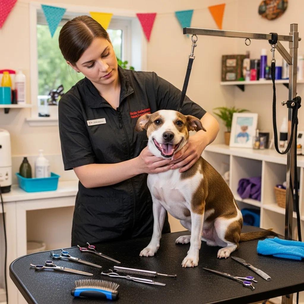 Professional pet groomer washing a dog in a colorful grooming salon