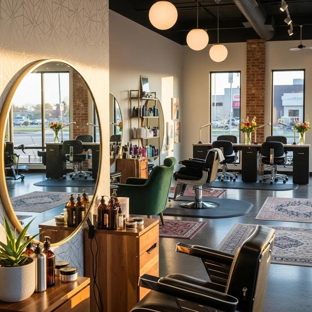 Stylish salon interior with grooming stations and product displays